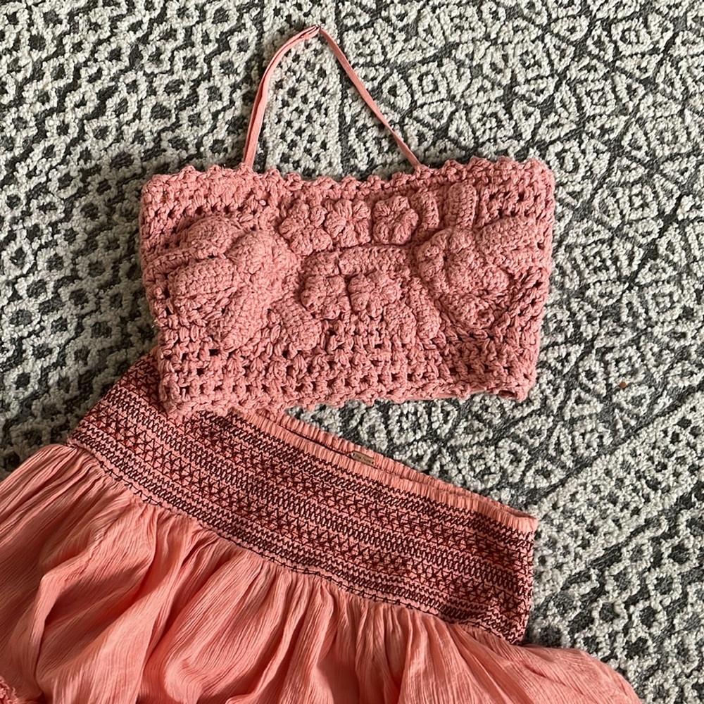 Free People Nwt Crop Top/Tiered Ruffle long Skirt Set | Color: Pink | Size: XS